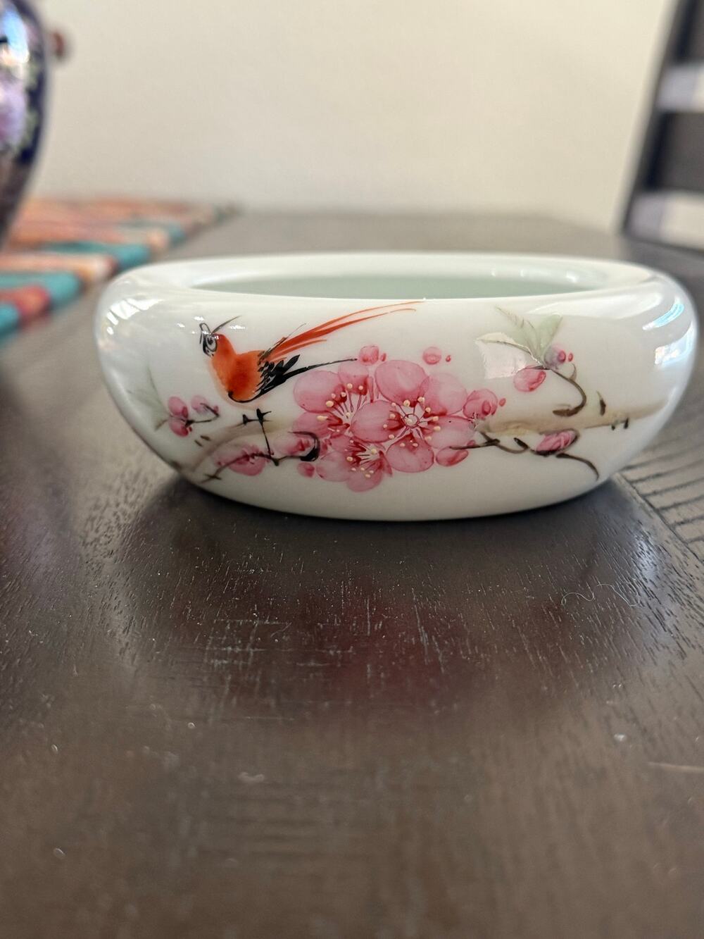 Vintage Chinese Jingdezhen Porcelain Brush Washer Bird Plum Blossom Calligraphy